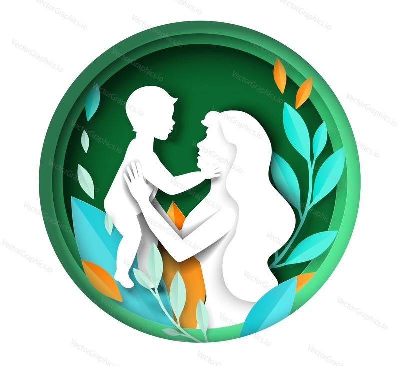 Mom holding kid in hand paper cut background in craft style. Woman with baby vector illustration. Mothers day greeting card design