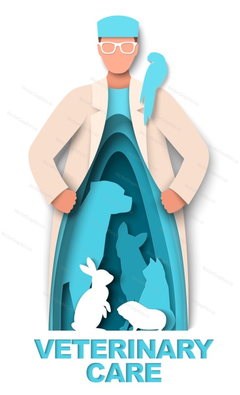Veterinary care vector illustration with pets in doctors figure creative papercut design. Male veterinarian in uniform protecting domestic animals