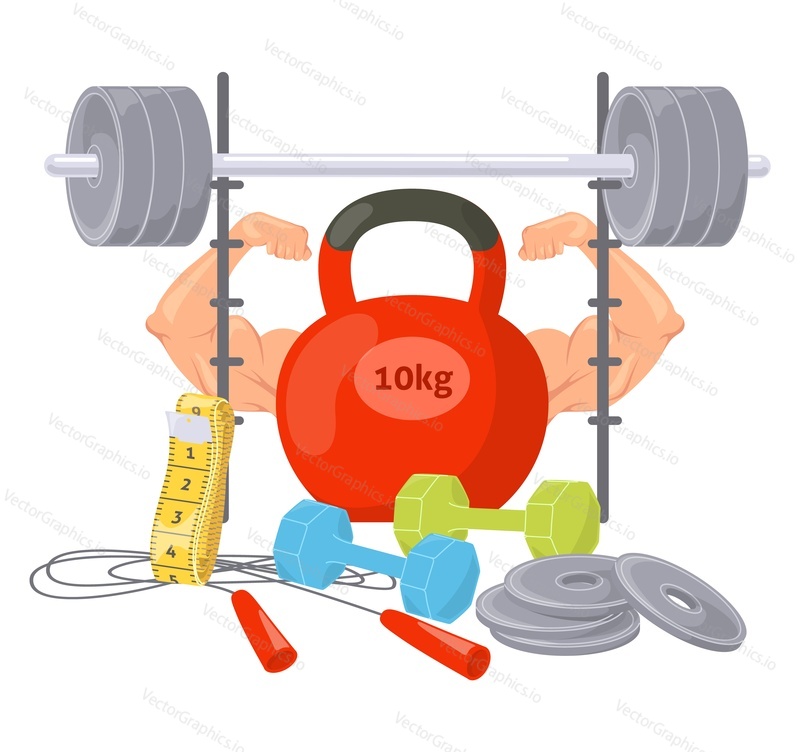 Sportovní vektorové plakát. Silná svalová stavba těla, powerlifting a koncept korekce hmotnosti. Fitness tělocvična klubové vybavení pro trénink cvičení design ilustrace. Podpora zdravého aktivního životního stylu