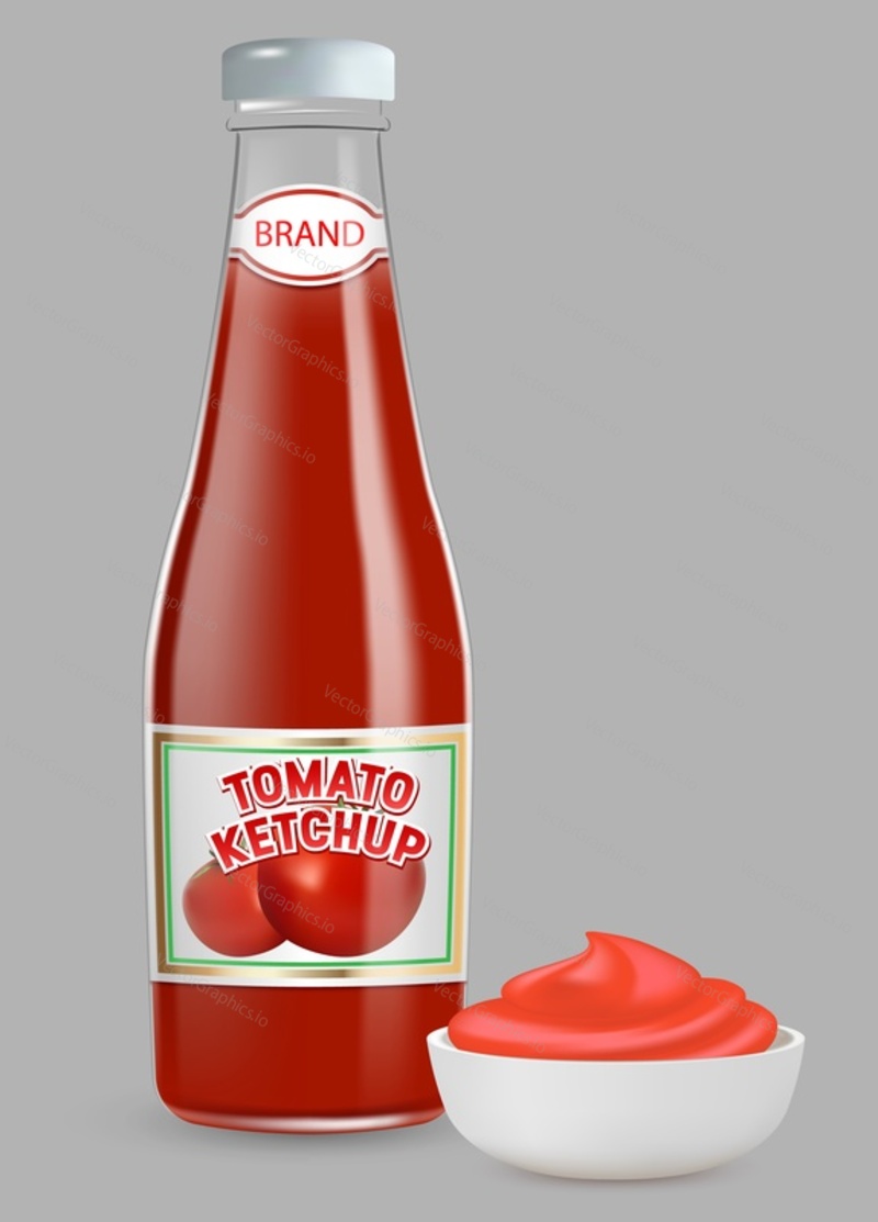 Rajčatový kečup láhev a keramická mísa deska vektorové ilustrace. Food omáčka balíček branding design. Lahodné koření pro rychlé občerstvení