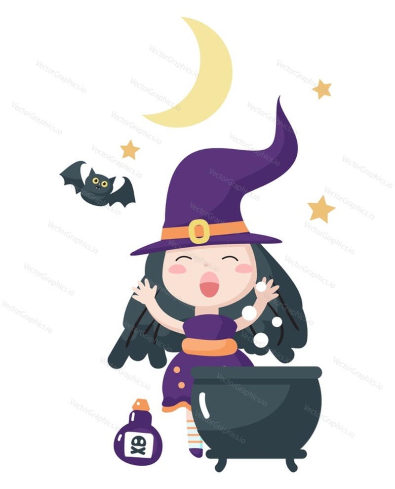 Roztomilá malá čarodějnice vaření lektvar v kotli a čtení kouzlo vektorové ilustrace. Čarodějnictví a čarodějnictví koncept. Šťastný Halloween Blahopřání design šablony