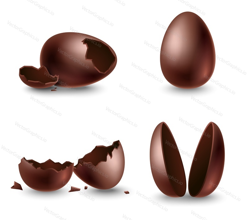 Broken eggshell, two halves and whole chocolate eggs sweet easter dessert made of dark cocoa set isolated on white background. Paschal confectionery vector illustration