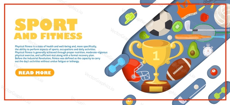 Sport and fitness landing page header vector design template. Active healthy lifestyle motivation. Advertising of training course online, physical workout exercise lesson, seminar and marathon