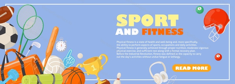 Sport a fitness informační záhlaví webové stránky banner design s. tréninkové vybavení, sportovní odměny za úspěch vektorové ilustrace. Aktivní podpora zdravého životního stylu