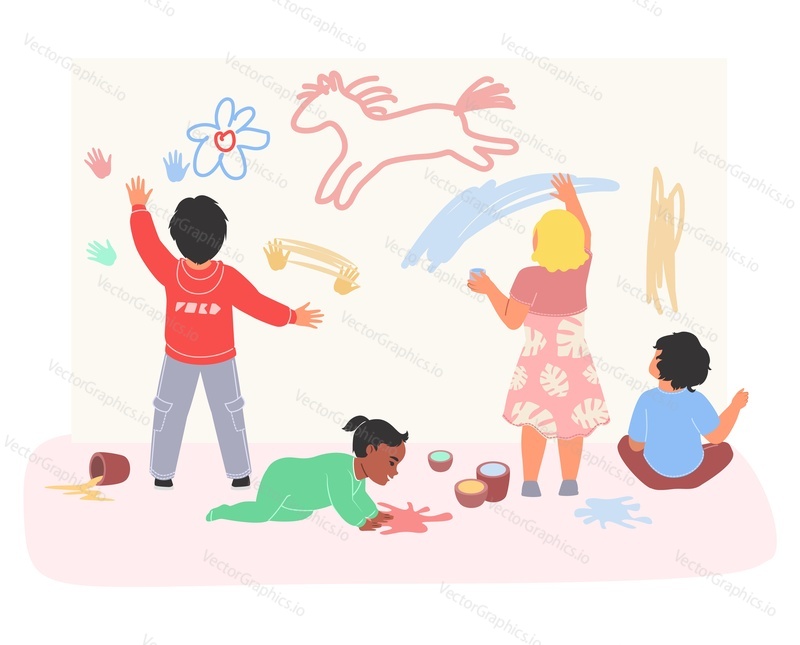 Děti malování party vektorové ilustrace s šťastné děti kreslení pomocí barvy, tužky, fixy fixy, multi-barevné pastelky. Šťastná dětská zábava