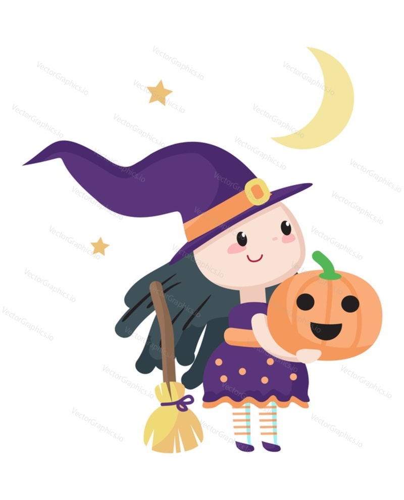 Čarodějky malá čarodějnice dívka dítě kreslený Halloween charakter vektorové ilustrace. Malá čarodějka drží vyřezávané dýně jack-O-lantern tradice podzimní symbol