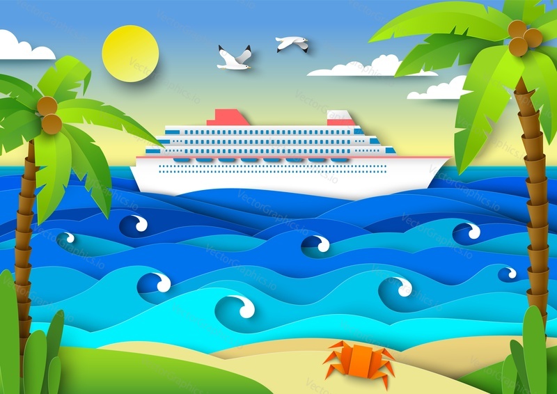Námořní plavba na luxusní výletní lodi vektorové ilustrace v kreativním stylu papercut. Tropická písečná pláž s palmami nad přímořskou krajinou pozadí s turistickou osobní lodí