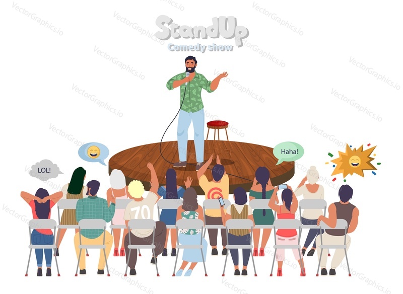 Scand up comedy show vector illustration. Male comic character with microphone performing on theatre stage front of audience telling funny stories and jokes