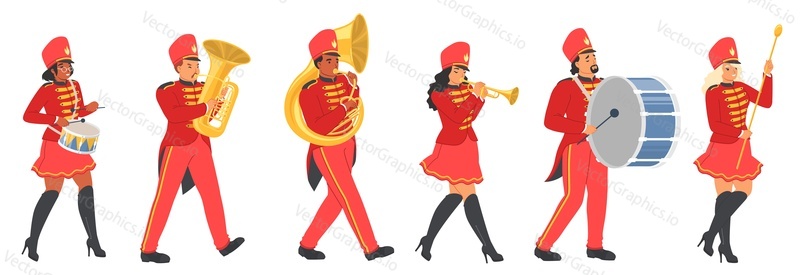 Military orchestra adults character wearing festive red uniform marching playing music instrument vector illustration isolated on white background. March parade public event concept