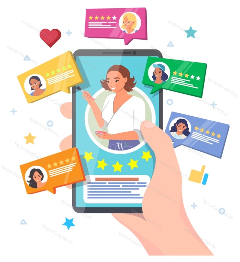 Makeup artist ranking vector illustration. Professional beautician on mobile phone screen with different feedback of client of beauty salon