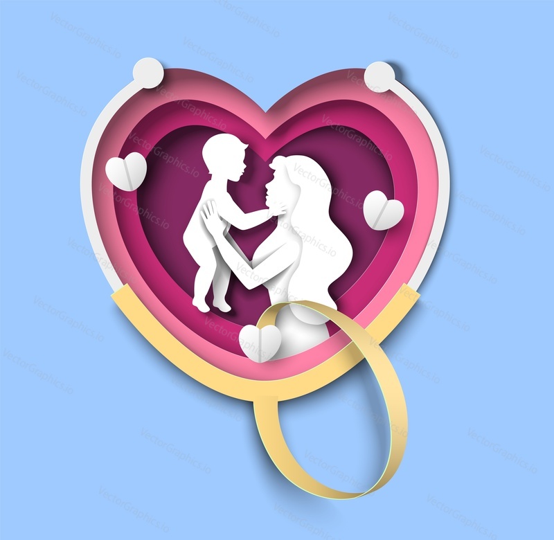Pediatric medicine vector illustration in papercut craft style. Happy mother holding baby people silhouette in heart shape frame