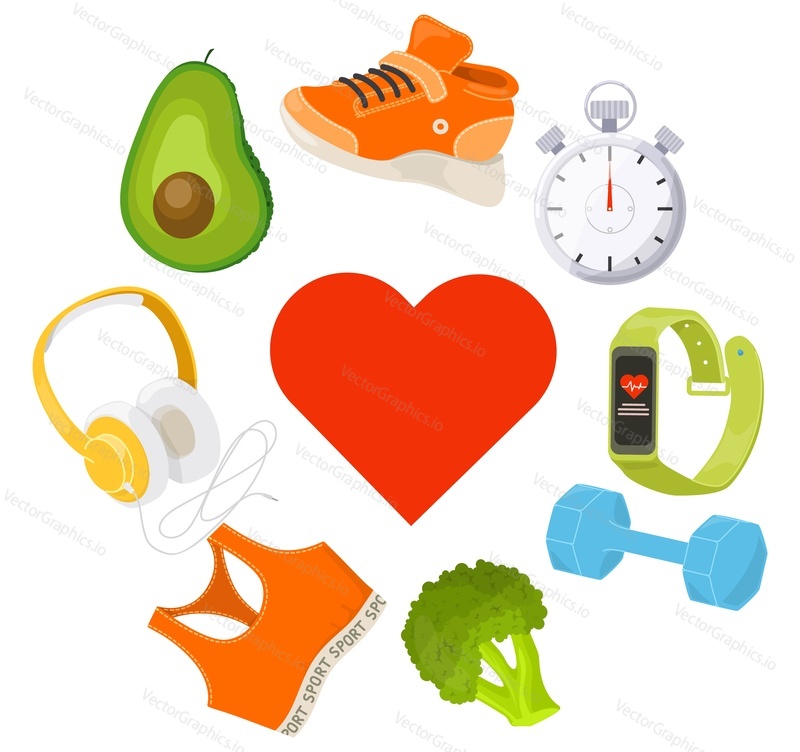 Healthy lifestyle vector poster. Fitness equipment, sport training stuff and accessories, dieting food product illustration