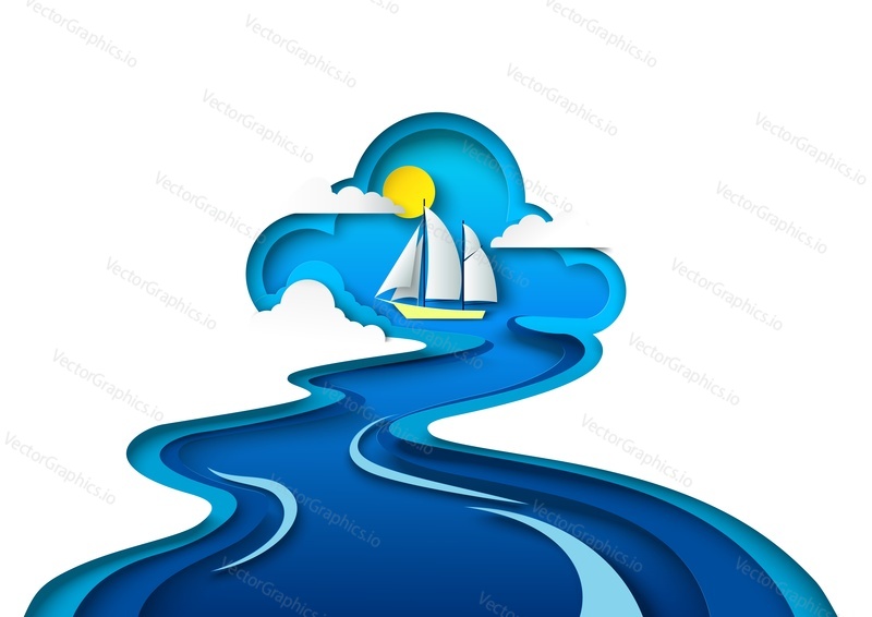 Romantic sea voyage on sailboat vector illustration in papercut style. Sail boat floating in ocean water waves background. Travel holiday summer adventure concept