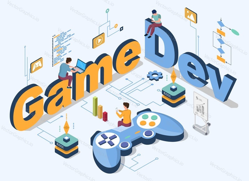 Офис компании по разработке игр NFT с открытым пространством, изометрическая 3d векторная иллюстрация. Группа людей, разработчиков программного обеспечения, программирует код с помощью портативного компьютера на рабочих местах