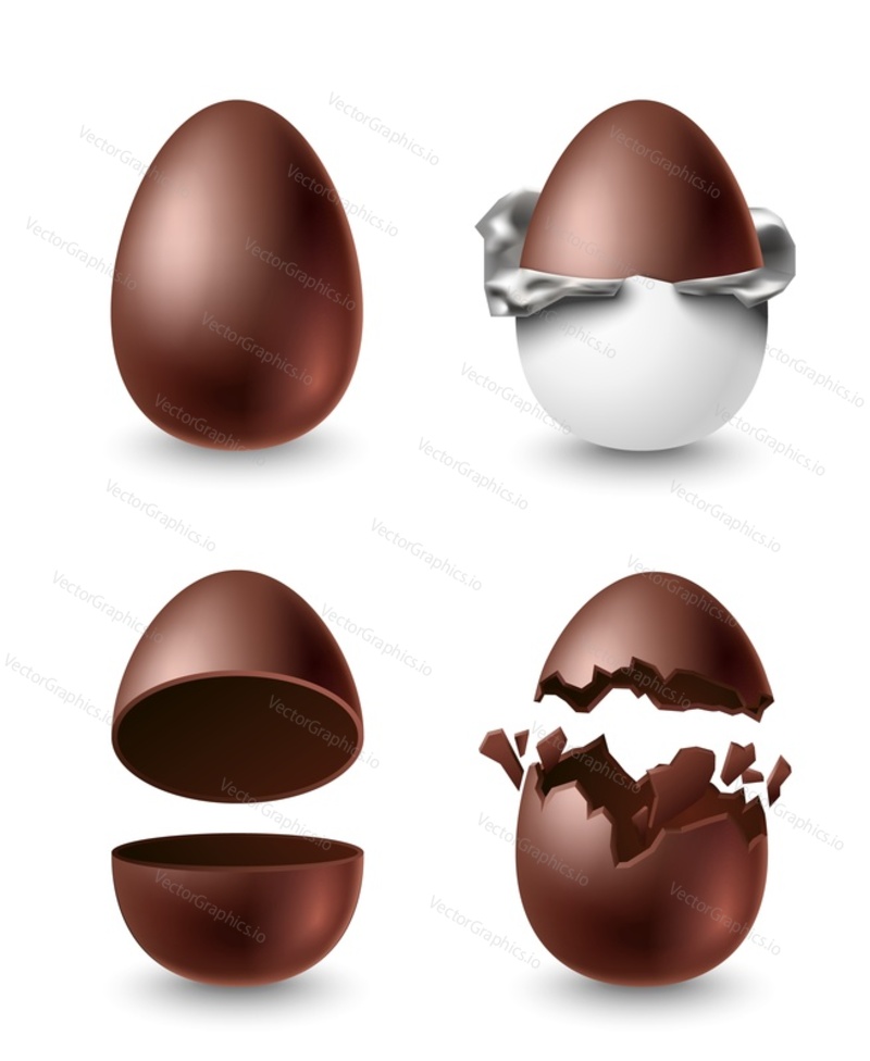 Cracked, whole, halved wrapped in foil chocolate eggs isolated set on white background. Sweet easter spring holiday dessert vector illustration