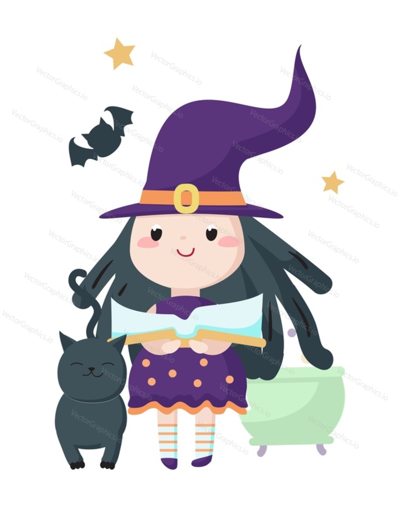 Little girl witch cartoon character wearing festive costume reading spell in magic book standing over boiling cauldron vector illustration. Halloween and witchcraft concept