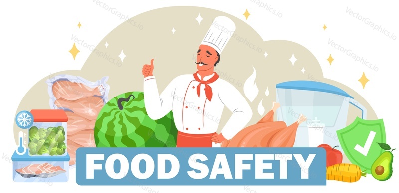 Плакат о безопасности пищевых продуктов со счастливым персонажем мужского пола-шеф-поваром в униформе среди векторных иллюстраций здоровых натуральных фруктов и овощей. Концепция обработки высококачественных продуктов питания