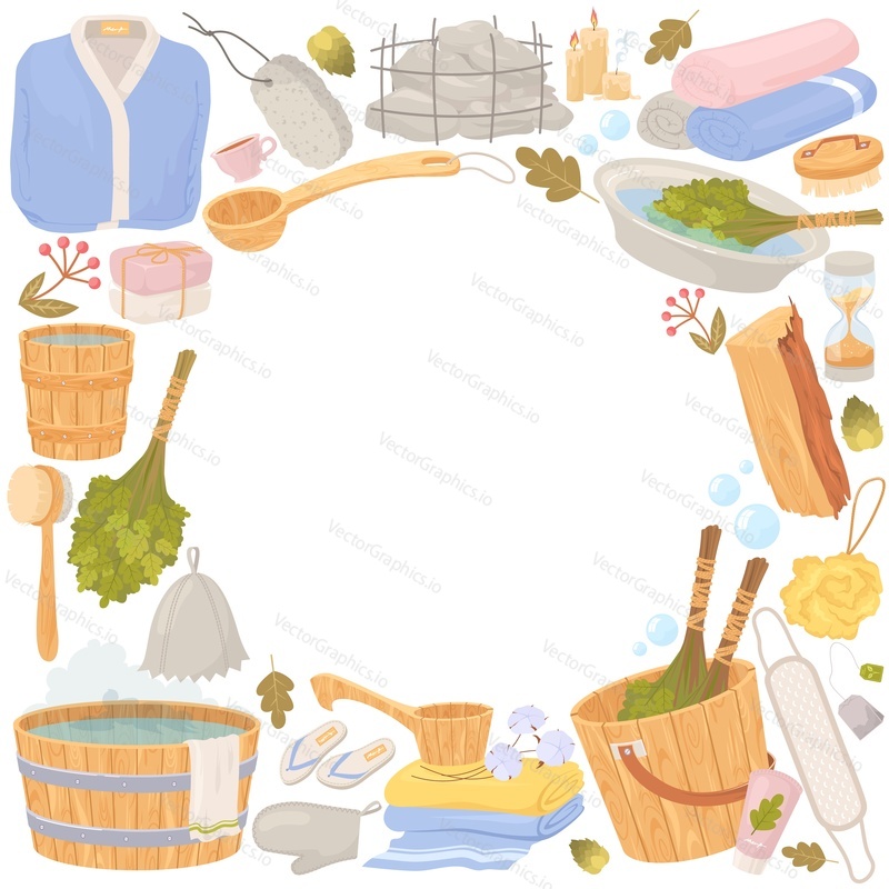Round frame advertisement banner with sauna bath tools, bathhouse equipment, hygiene accessories and blank empty space for text
