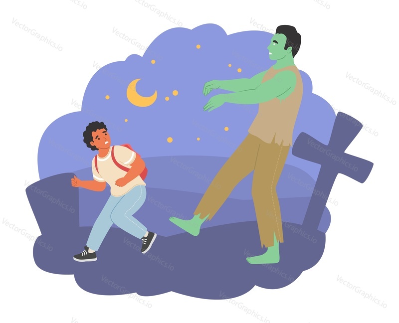 Dítě se bojí vektoru. Malý chlapec utíká strach z zombie ilustrace. Strašidelné monstrum děsivé dítě. Hororová Halloweenská Fantazie, hrozná noční můra