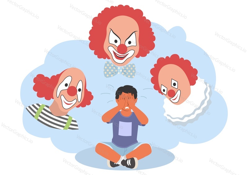 Dítě se bojí vektoru. Malý chlapec se bojí klaunů ilustrace. Roztomilé dítě pláče strach z strašidelné tváře harlekýnů. Děti fobie a noční můra
