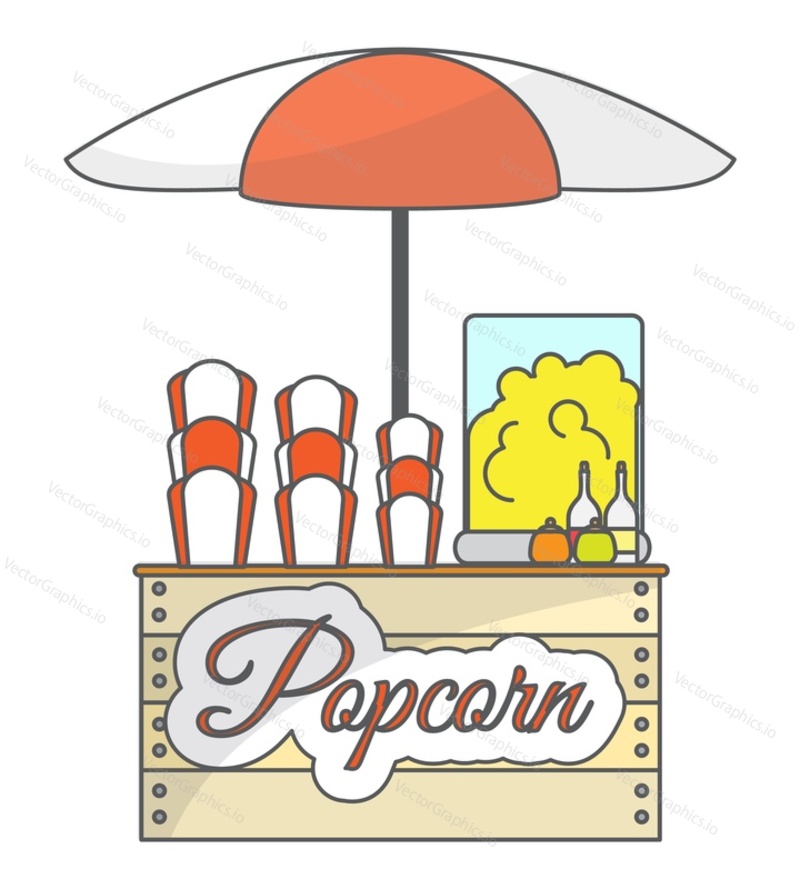 Vektorové popcorn místní pouliční trh ploché ilustrace. Stánek s jídlem fast food obchod izolovaných na bílém pozadí. Koncept malého podnikání