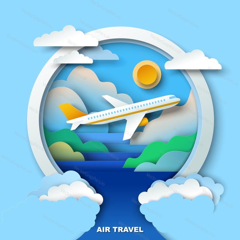 Air travel and tourism vector with view on plane flying over natural landscape moving through clouds paper cut craft style illustration. Transport and transportation, business vacation and adventure concept