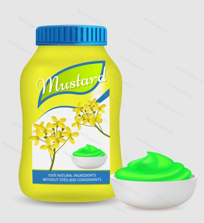 Mustard sauce plastic package and ceramic bowl plate vector illustration. Natural ingredients without dyes and conservants advertisement