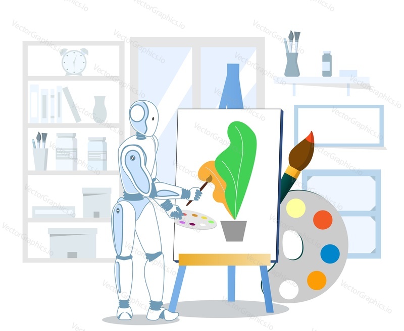 AI kreslení vytvořit nebo generovat kresby vektorové ilustrace. Kreslený robot malování na plátno stojan pomocí štětce. Umělá inteligence generovaný obraz image concept