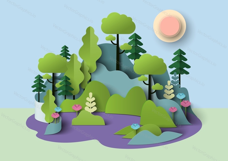 Letní les Příroda krajina vektorové ilustrace. Lesní přírodní pozadí papír řez origami styl. Zachraňte svět pomocí konceptu ekologie a ochrany životního prostředí