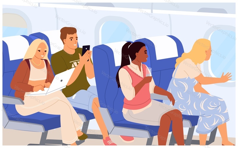 Vector people passengers sitting inside air plane illustration. Man and woman travel by airplane in economy class. Male and female working on laptop, chatting in social media on mobile phone, talking
