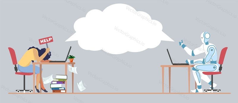 Robot at support service online vector. Umělá inteligence helpline pomoc na internetu ilustrace. Žena žádá o pomoc, konzultant virtuálních botů poskytuje konzultaci. Centrum horké linky AI