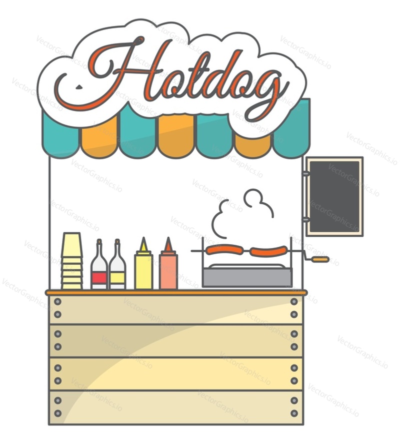 Vektorové hotdog místní pouliční trh ploché ilustrace. Stánek s jídlem fast food obchod izolovaných na bílém pozadí. Koncept malého podnikání
