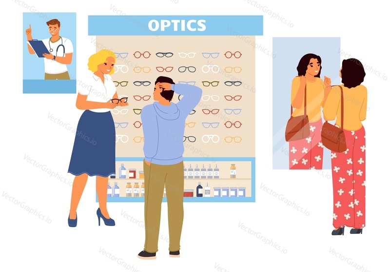 Lidé, kteří si vybírají brýle na zrak a kontaktní čočky v optics store vector illustration. Oftalmolog online konzultace, profesionální služby pro úspěšné nakupování