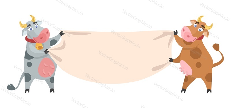 Two cows holding empty banner sign cartoon vector illustration. Cute animal characters carrying blank billboard poster for dairy product advertisement
