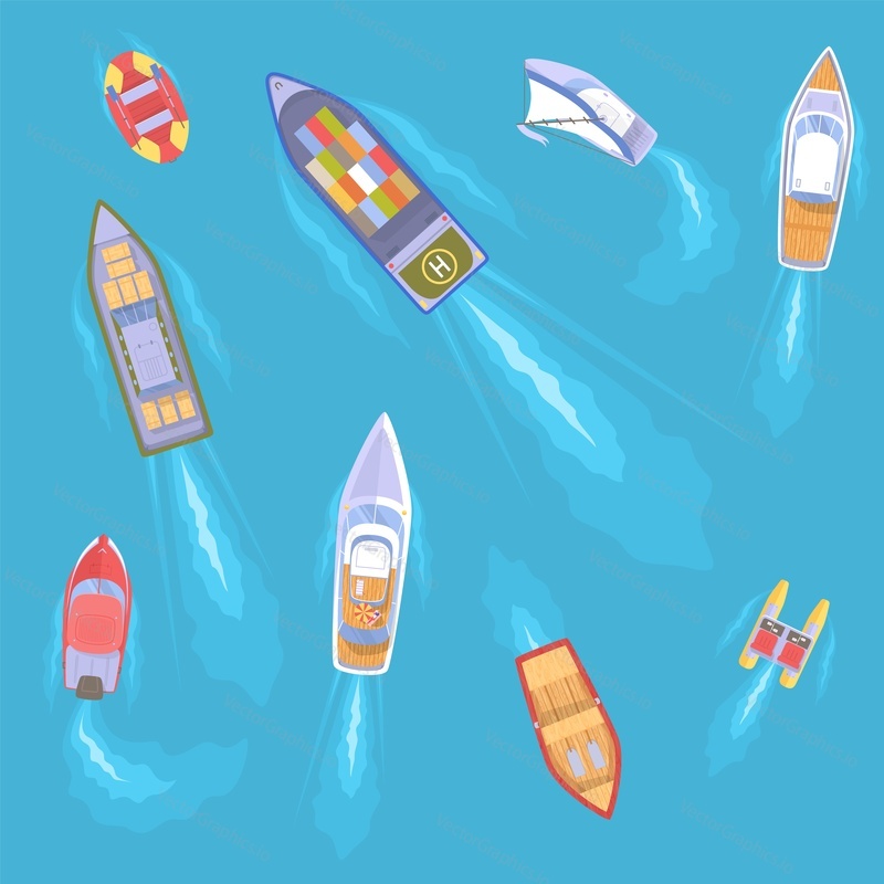 Yachts and boats for travel over sea or ocean water surface aerial eye view vector illustration. Summer vacation, romantic cruise and aquatic leisure activity concept
