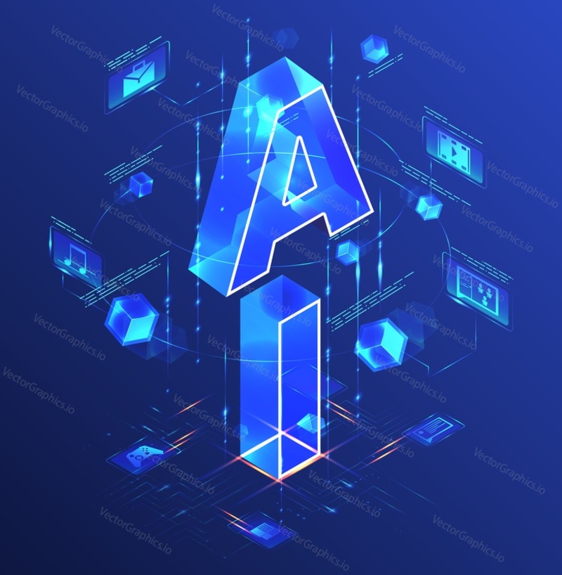 Artificial Intelligence acronym vector banner. Abbreviation AI 3d illustration. Concept of creation of music, chat dialogue, keyword and video for business and personal use by automated neural system