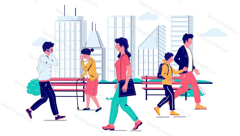 Vector people of different age walking on city street illustration. Man and woman, teenager student and children over cityscape background. Busy citizens in megalopolis