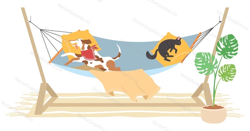 Pets in hammock flat cartoon vector illustration. Cute lazy cat and dog enjoying rest and relax in hanging bed. Funny adorable domestic animal characters