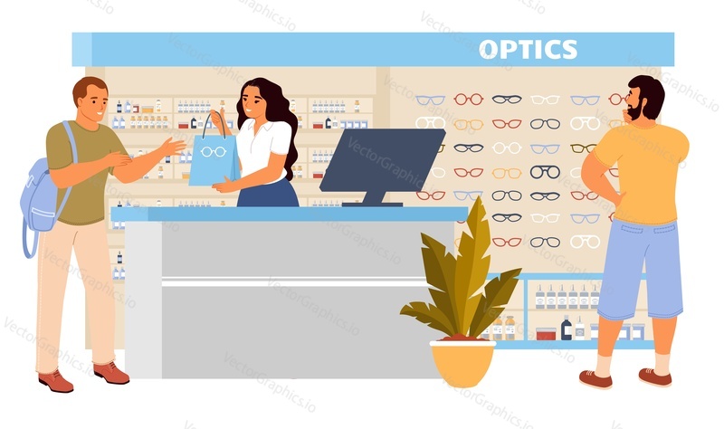 Lidé v oftalmologii store vektorové ilustrace. Muž zákazník nákup brýle platit za nákupy na pult stůl. Mužský návštěvník čeká na prodavače v nouzi pomoc při výběru optiky