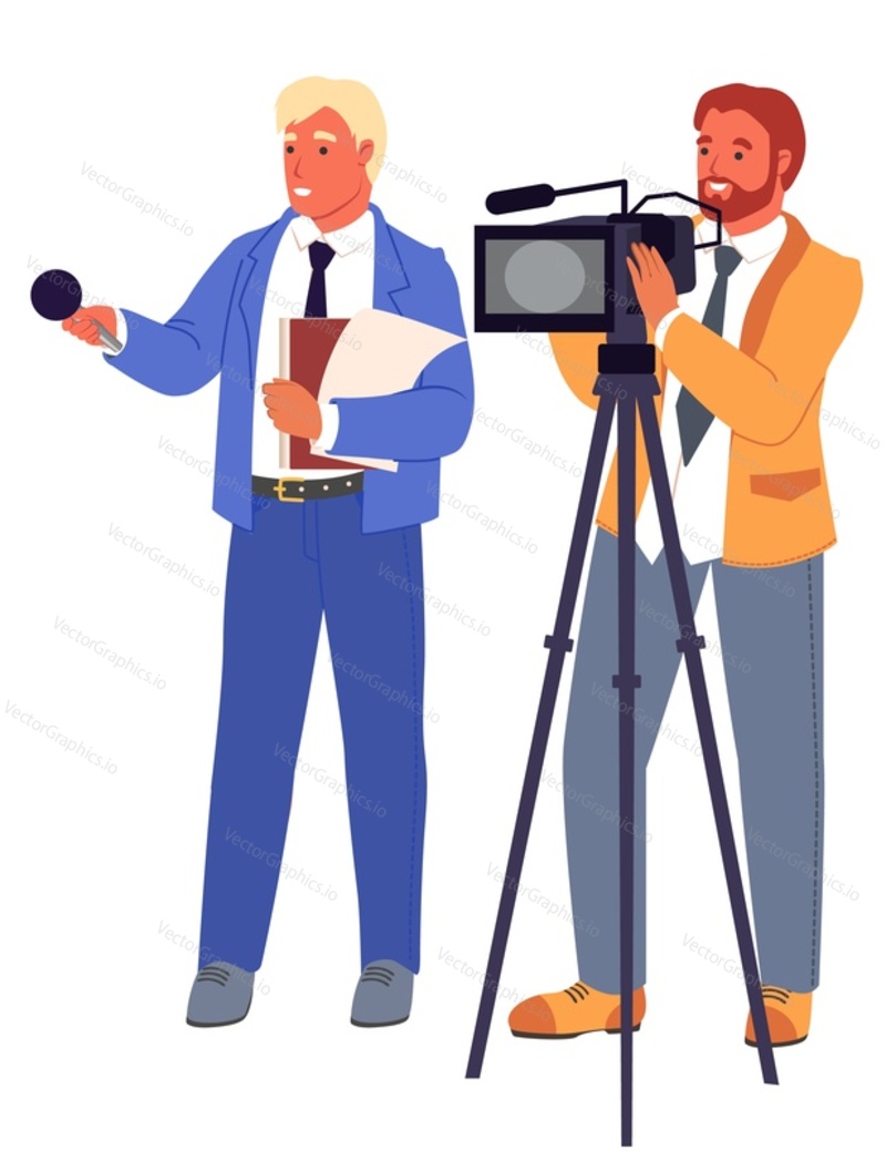 TV reporter with microphone and operator vector illustration isolated on white background. Correspondent crew interviewing. Newspaper, internet and radio journalism concept