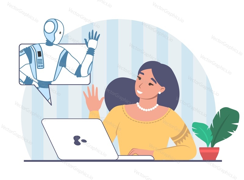 Žena pomocí neuronové sítě ploché kreslené vektorové ilustrace. Futuristická technologie umělé inteligence a obchodní koncept