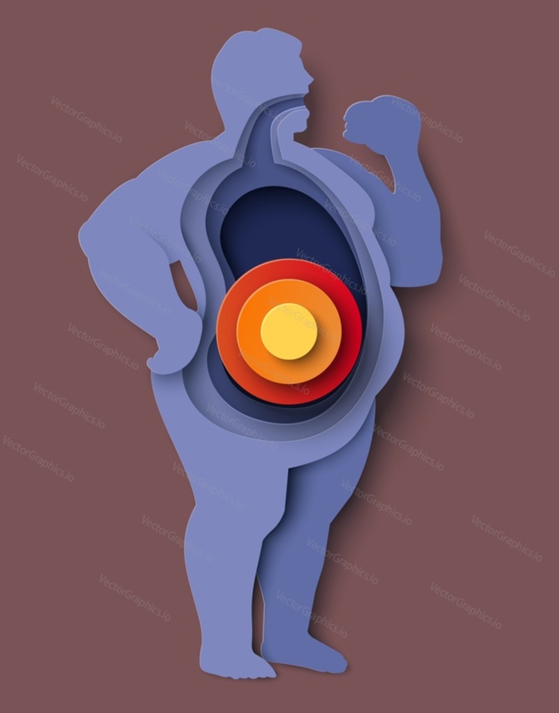 Fat people icon illustration. Vector man with overweight having stomach problem enjoy junk fast food. Unhealthy lifestyle obesity disease risk, eating disorder concept. Paper cut craft style design