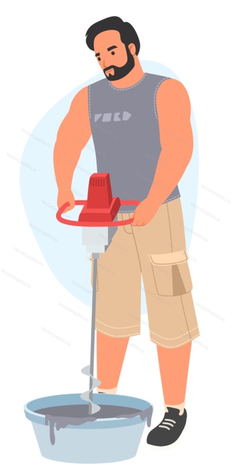 Vector worker making cement. Builder in uniform mixing portion with construction mixer in stainless steel bowl illustration isolated on white background. Tile master at work concept