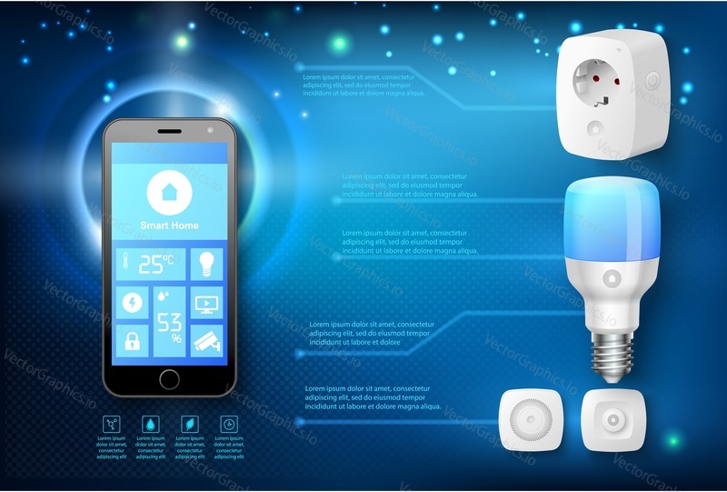 Electricity smart home infographic vector banner. Internet of things technology and automation system for residential house. Mobile phone, light bulb, switch and socket realistic illustration design