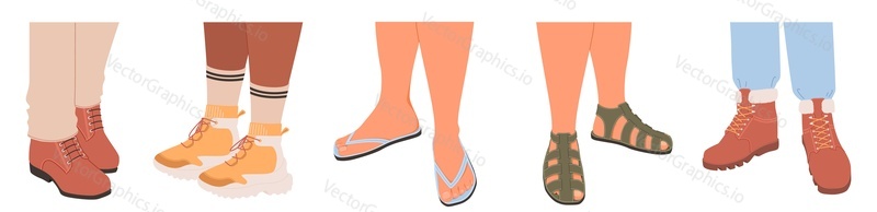 Fashion boots, sandals and shoes on leg vector. Different models of male footwear illustration isolated on white background. Fashion footgear boutique, trendy outfit concept