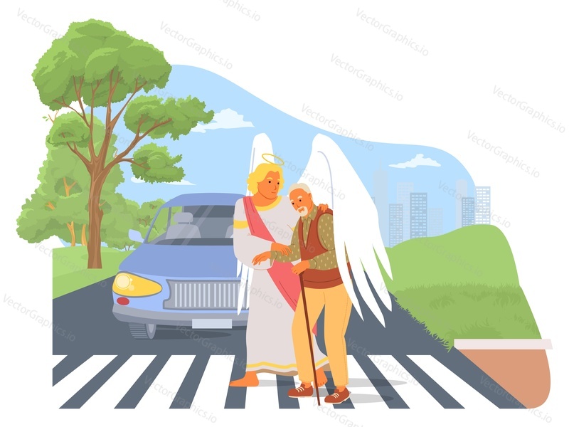 Guardian angel helping senior man with walk stick across road vector illustration. Holy keeper protecting elderly male citizen from busy city traffic, offering support and assistance