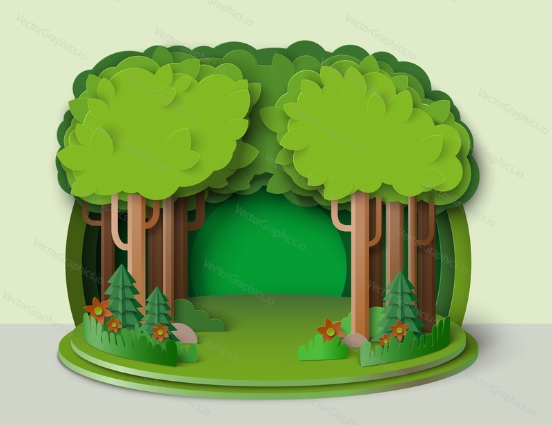 Eco green nature forest landscape vector illustration. Woodland plantation with deciduous trees, fir trees, flowers and vegetation paper cut art style. Ecology and environment concept
