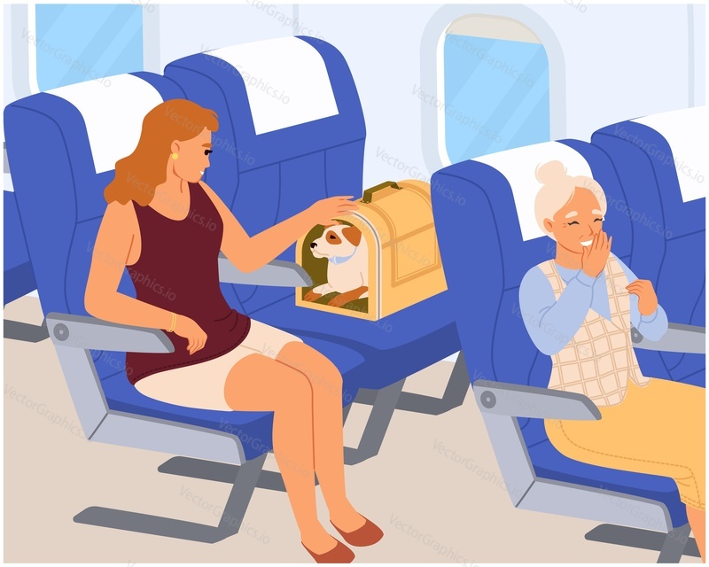 Vektorové lidé cestující obchodní třídy v letadle ilustrace. Starší žena a mladá žena cestující se psem v kleci. Interiér letadla. Uvnitř letadla