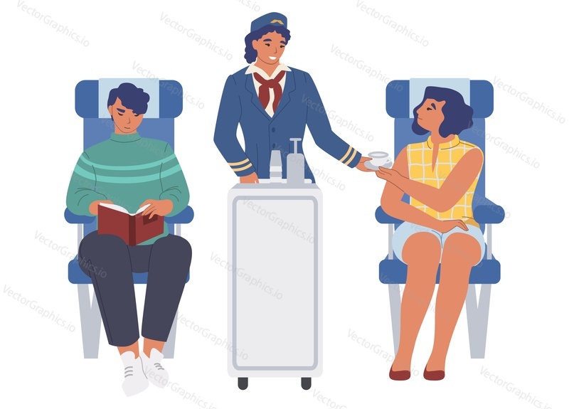 High quality flight service vector illustration. Cartoon stewardesses giving drinks to passengers inside airplane. Plane board interior. Aircraft concept