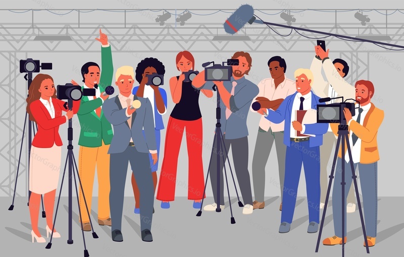 Crowd of journalists and reporters with microphones and cameras for video and photo shooting vector illustration. Press conference concept